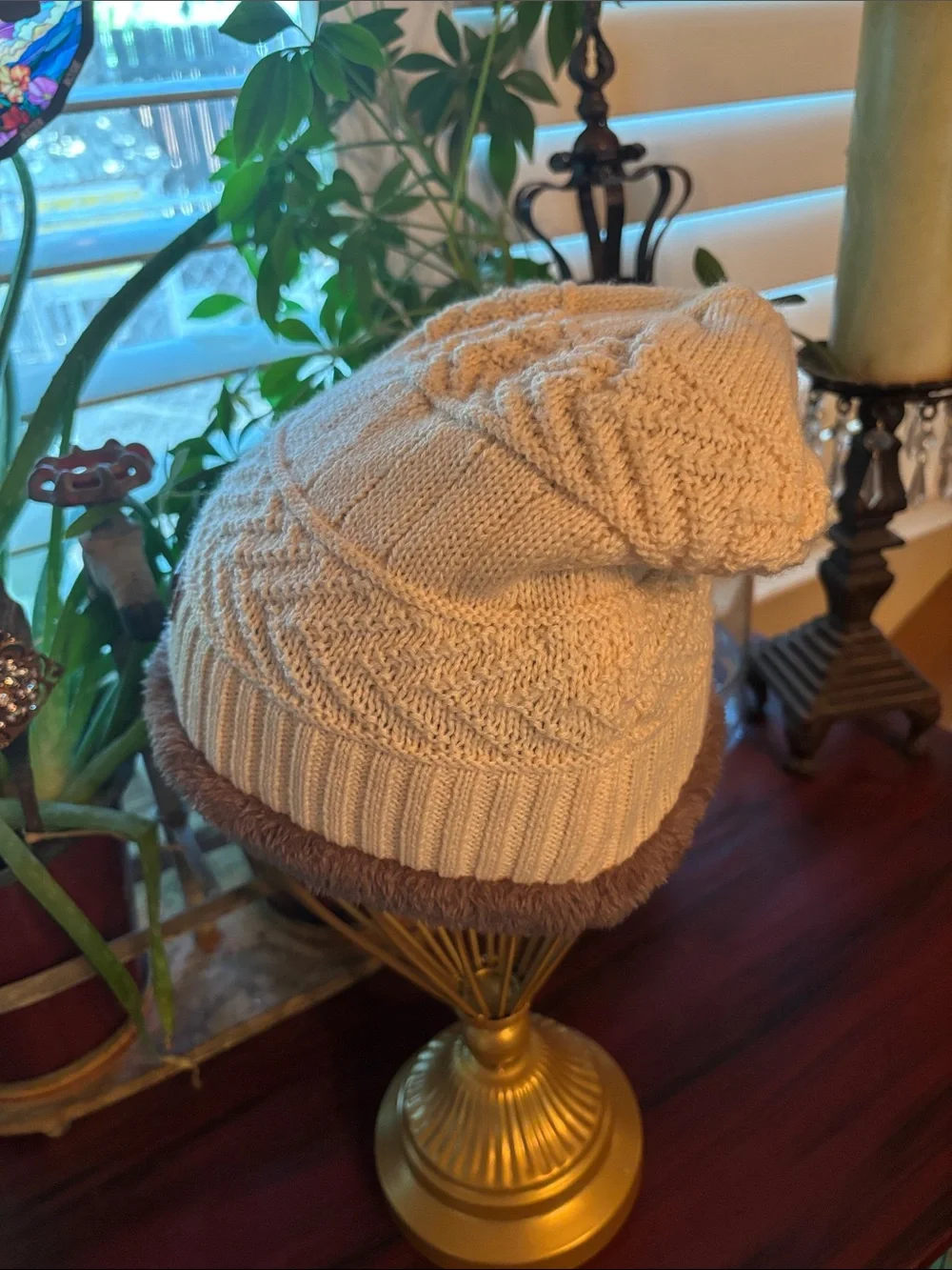 Hindawi Cream Knit Beanie Hat with Faux Fur Trim